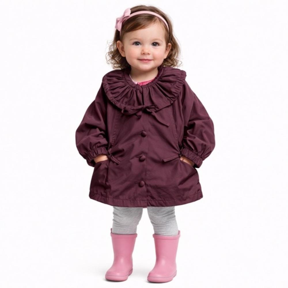 Vintage-Inspired Plum Puff-Sleeve Girls Peacoat Storybook Elegance Classic Charm